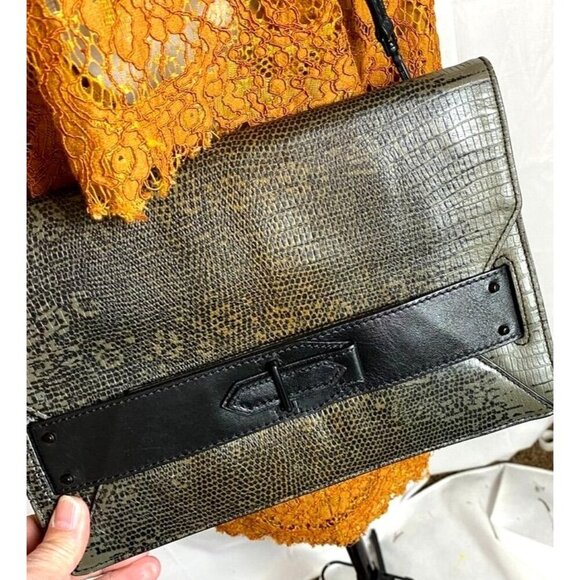 Derek Lam Handbags - Derek Lam 10 Crosby Taupe/Gray Lizard Embossed Leather Clutch Crossbody